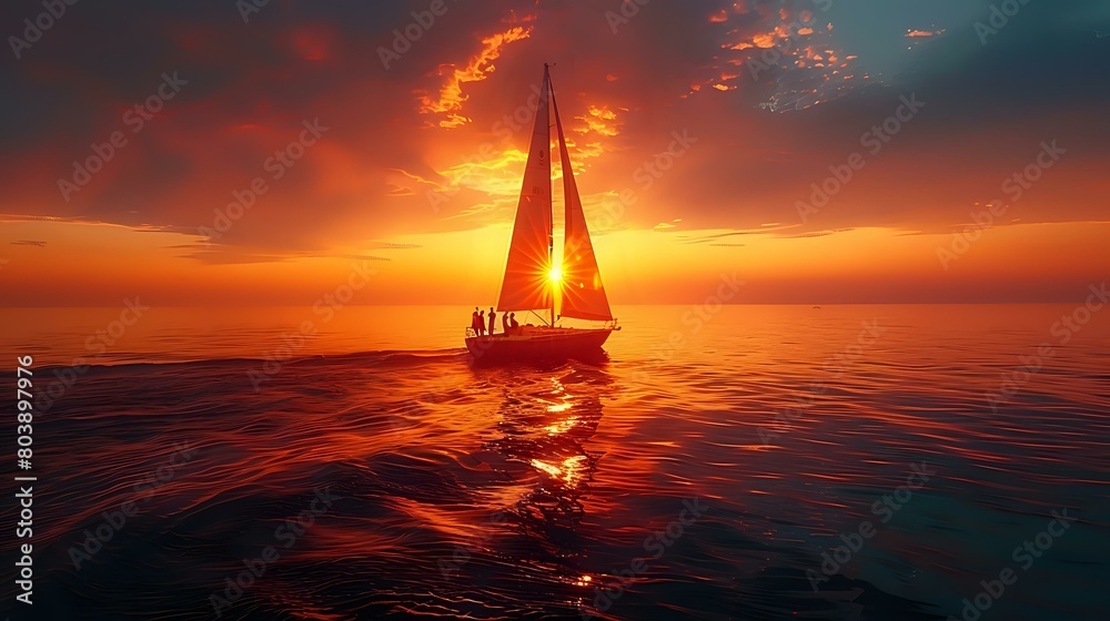 Tranquil Sailing: Friends Embracing the Peaceful Sunset at Sea