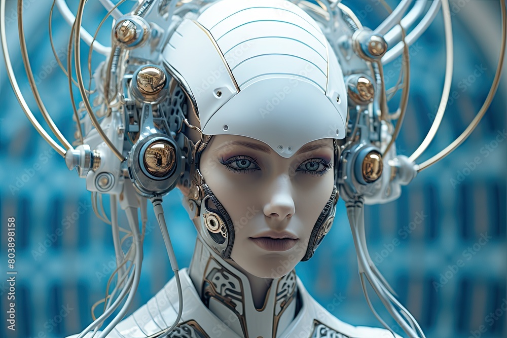 Futuristic cyborg woman with intricate headpiece Futuristic cyborg woman with intricate headpiece