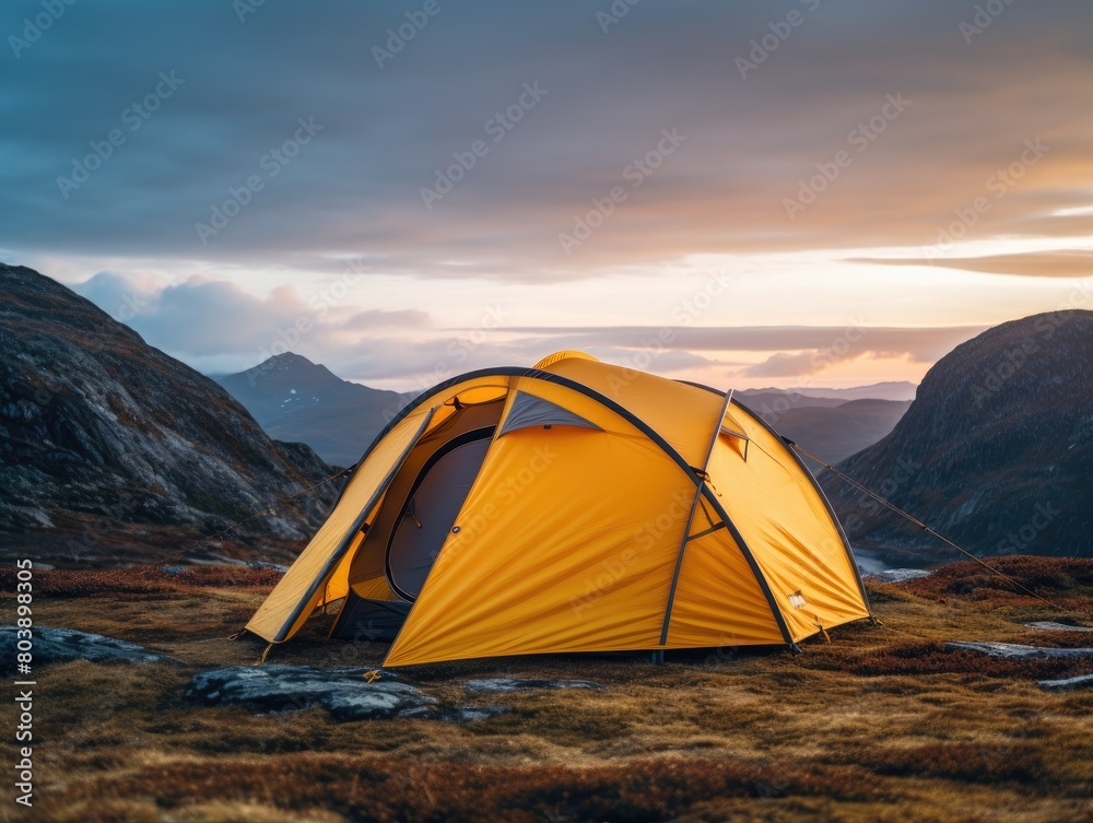 Scenic mountain camping adventure at sunset