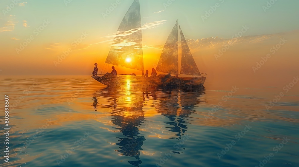 Fototapeta premium Tranquil Moments at Sea: Three Friends Embracing the Beauty of Dusk