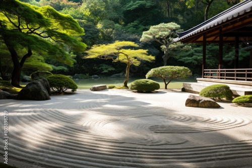 Serene Japanese garden landscape with pagoda and zen rock garden