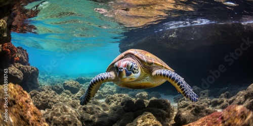 Underwater sea turtle swimming in tropical ocean