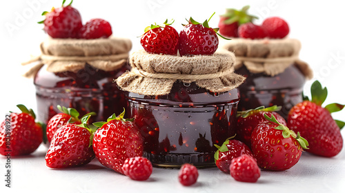 Homemade strawberry preserves or jam in a mason jar surrounded by fresh organic strawberries