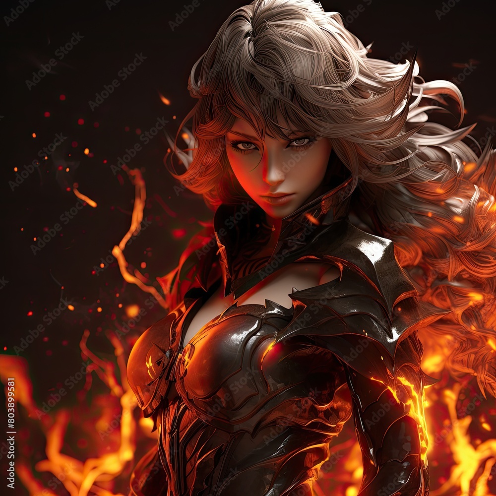 Fierce warrior woman in fiery armor
