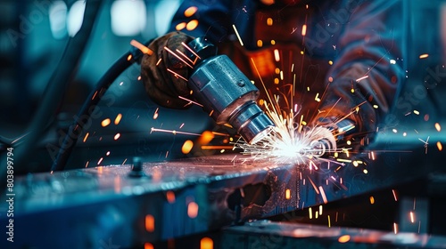 Industrial welding in action with bright sparks and blue tones