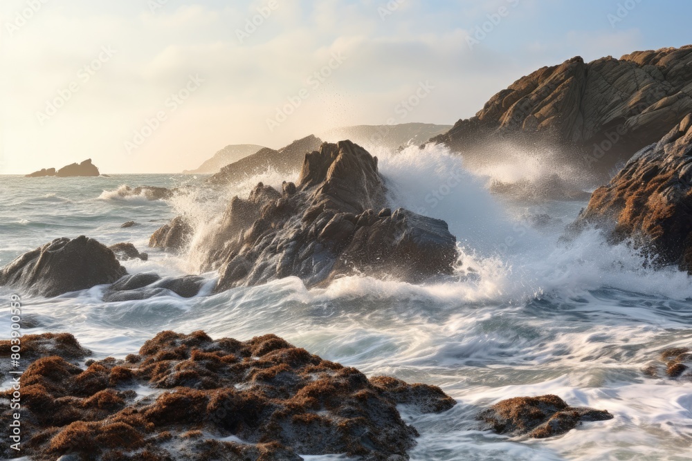 Dramatic crashing waves against rocky coastline