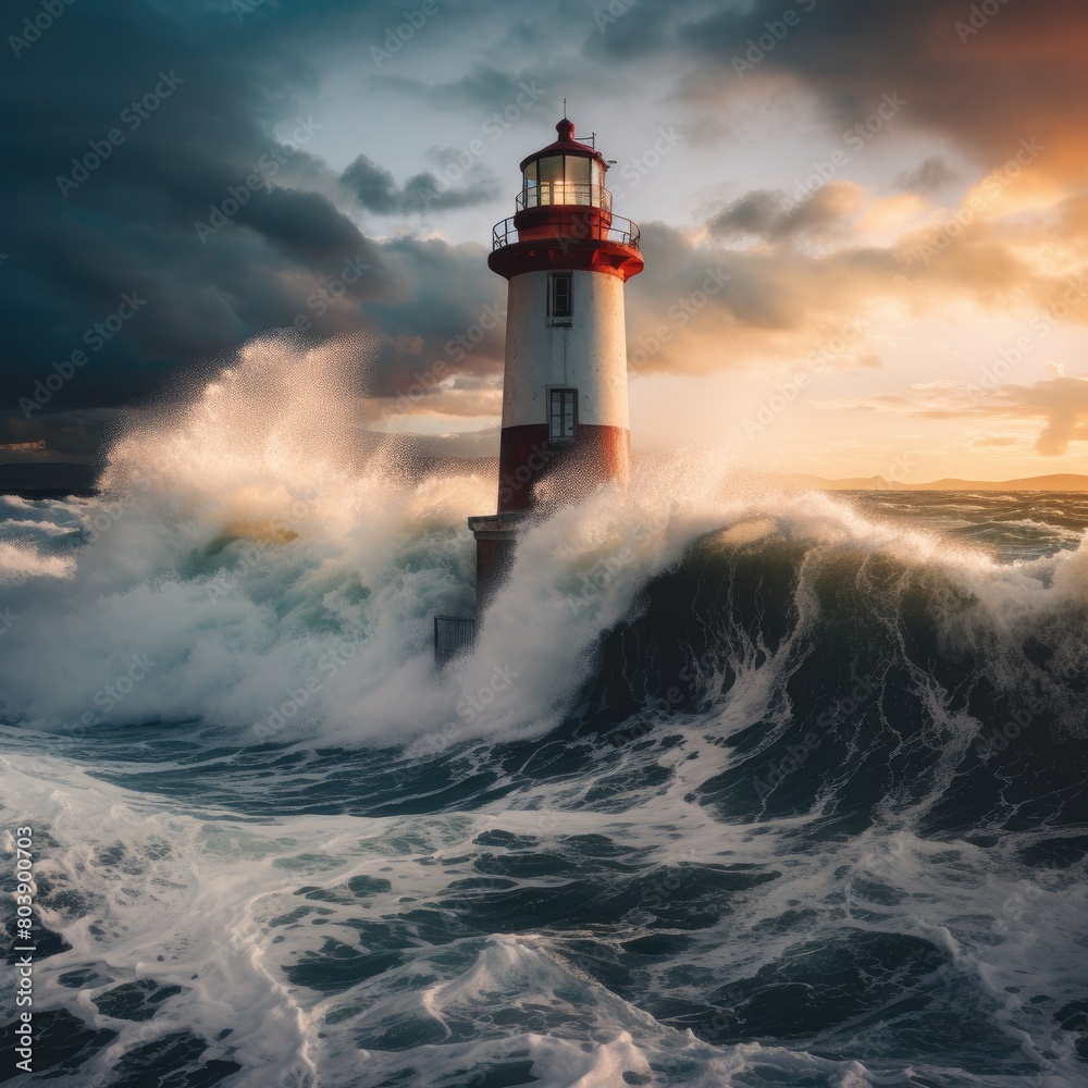 Dramatic lighthouse in stormy ocean