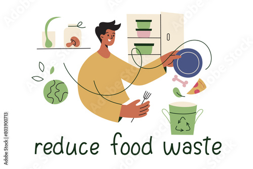 Reduce food waste poster, man throwing leftovers in compost bin, vector illustration of flat character, planet earth icon, reuse garbage, sustainable eating composition, ecology awareness