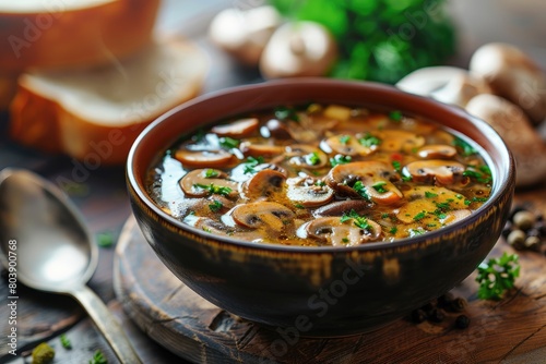 Spicy mushroom soup with in a bowl. photo