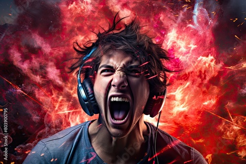 intense gamer screaming with headphones