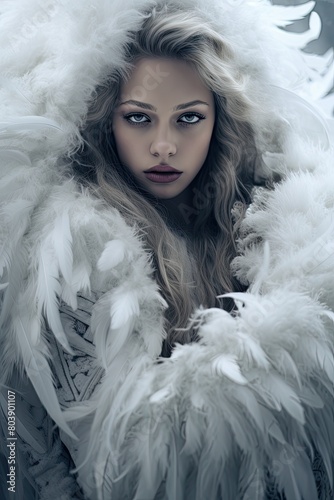 Mysterious woman in fluffy white coat