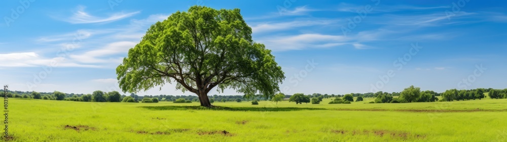 Lush green field with lone tree under blue sky Lush green field with lone tree under blue sky