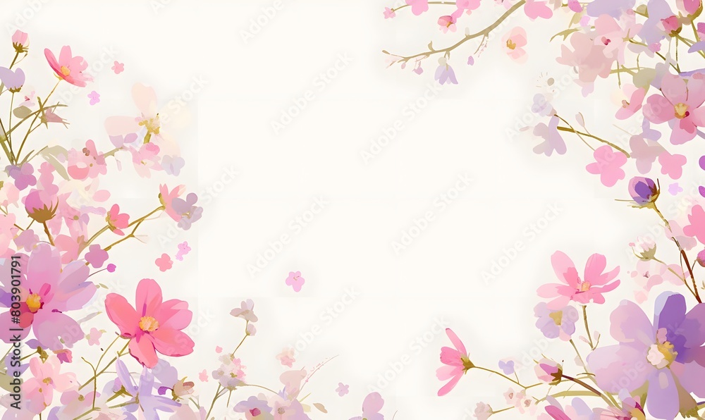 Background with a floral frame featuring spring flowers, Generative AI 