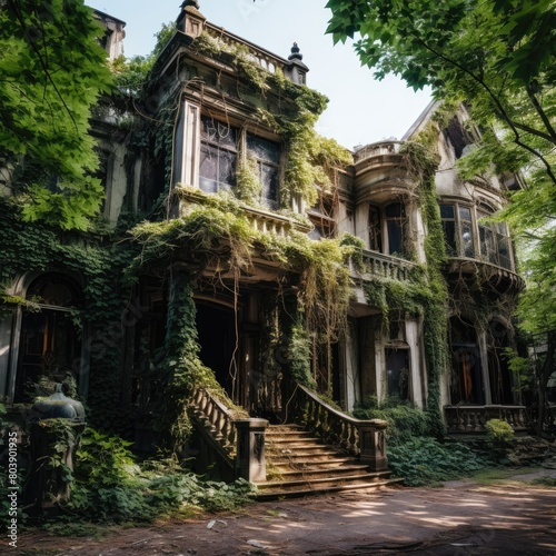 Overgrown abandoned mansion with lush greenery