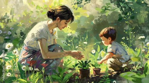 A mother and her son are planting flowers in a garden. 