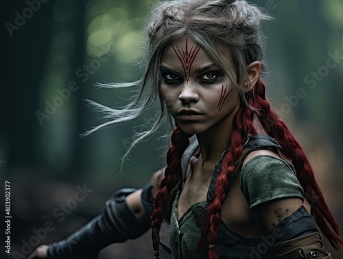 Fierce tribal warrior with bold face paint and braided hair
