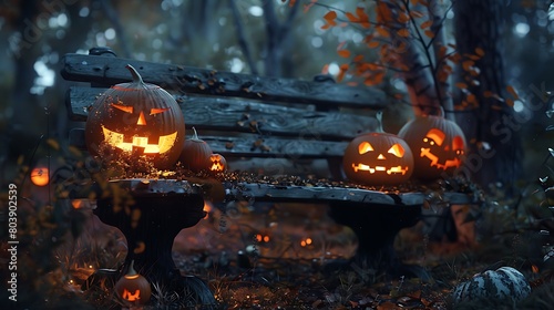 Amidst the fading light of a spooky forest, Jack O' Lanterns with menacing glares flank a weathered wooden bench, creating an unsettling atmosphere on All Hallows' Eve. photo
