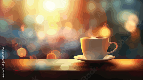 Cup with hot coffee on table against blurred background