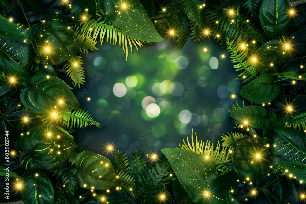 Beautiful fairy lights pattern with leaves around the frame with blank center for background Beautiful fairy lights pattern with leaves around the frame with blank center for background