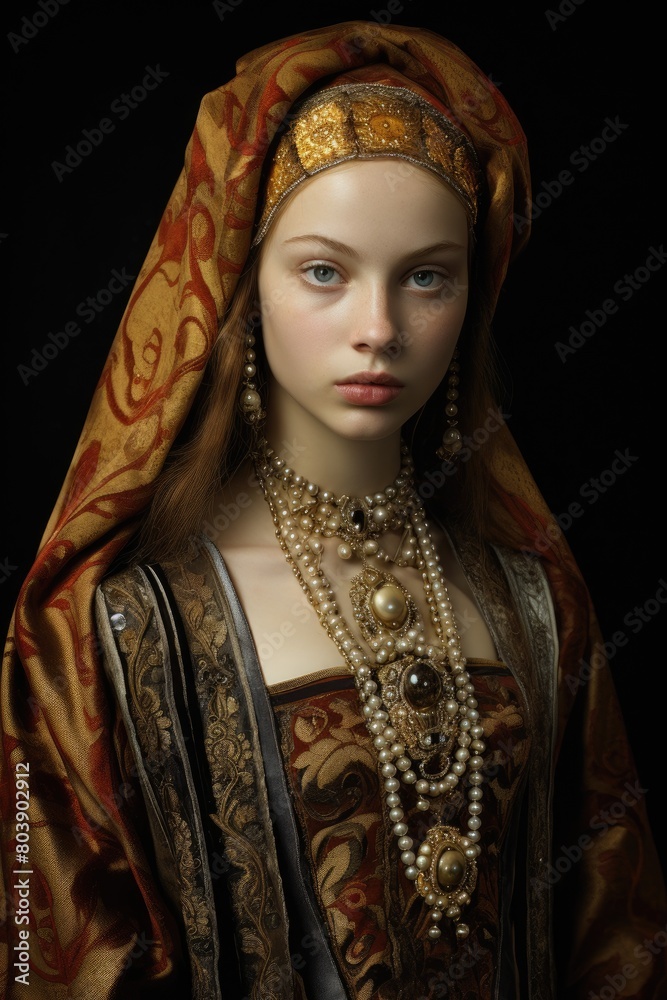 Ornate medieval portrait of a woman in traditional dress