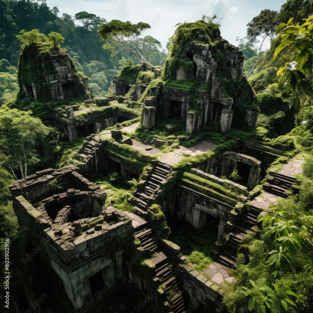 Lush green jungle ruins with stone structures and stairs Lush green jungle ruins with stone structures and stairs