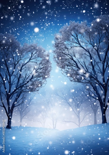 Snowy winter landscape with trees and falling snowflakes