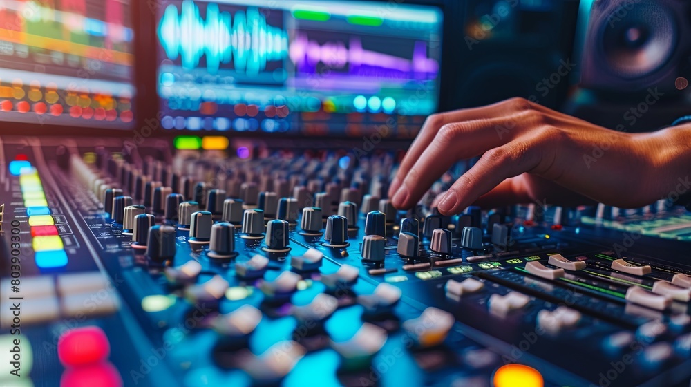 Vibrant studio mixer console in music production setting Vibrant studio mixer console in music production setting