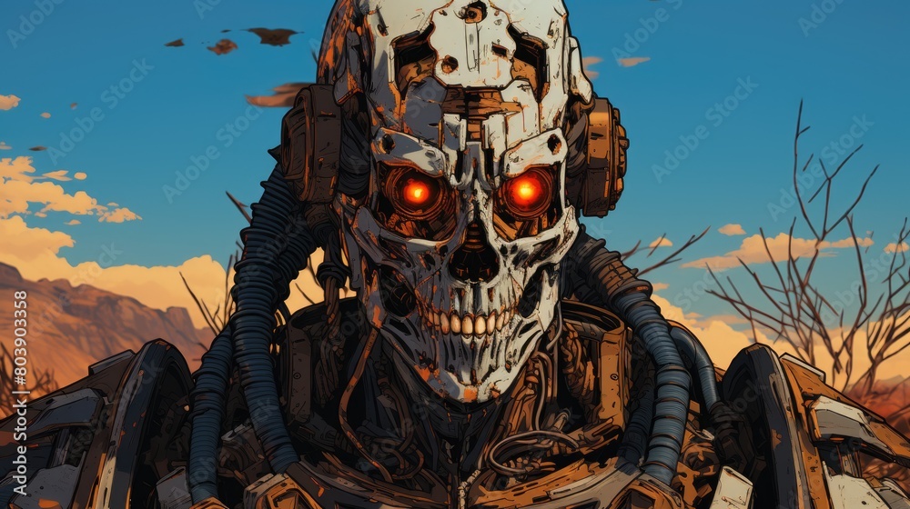 Naklejka premium Futuristic robot skull with glowing red eyes
