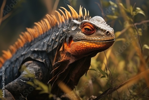 Close-up of a vibrant orange and black iguana