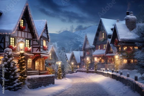 Cozy winter village scene with snow-covered houses and festive lights