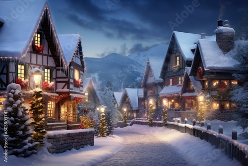 Wallpaper Mural Cozy winter village scene with snow-covered houses and festive lights Torontodigital.ca