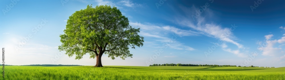 Lone tree in lush green field under blue sky Lone tree in lush green field under blue sky