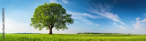 Lone tree in lush green field under blue sky