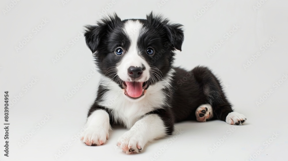 Adorable black and white puppy with striking blue eyes on white background