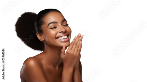 African American woman with a bright smile, transparent backdrop