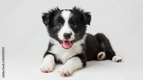 Adorable black and white puppy with striking blue eyes on white background © volga