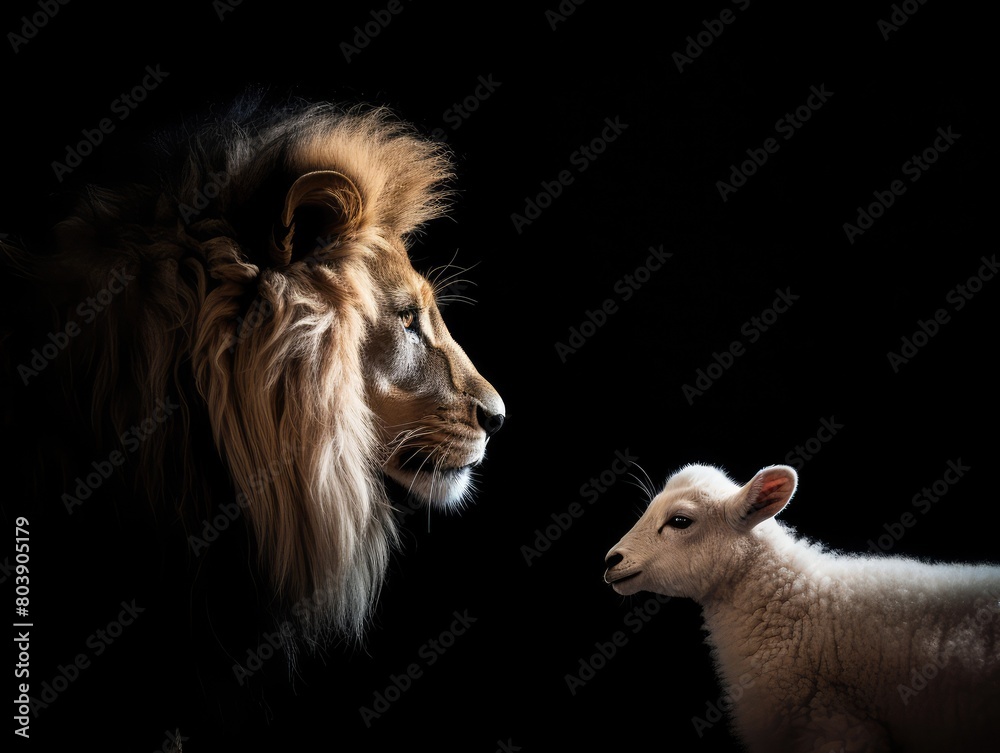 Fototapeta premium Powerful lion and innocent lamb in contrast