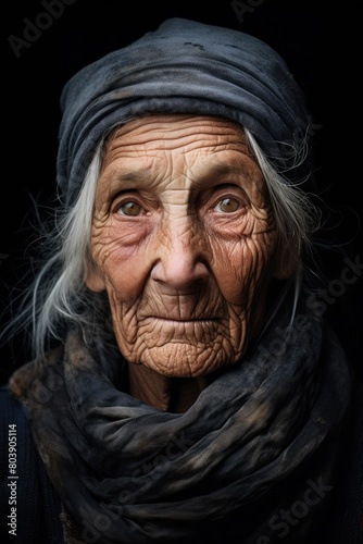 Close-up portrait of an elderly woman with wrinkled face and piercing eyes