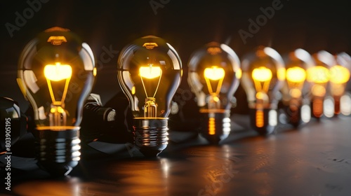 Glowing light bulbs in a row on a dark background