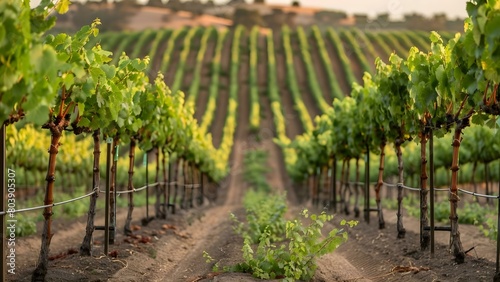 Vineyard rows of green grapes for making quality wine production. Concept Wine Production, Vineyard Cultivation, Grape Cultivation, Quality Wine, Green Grapes photo