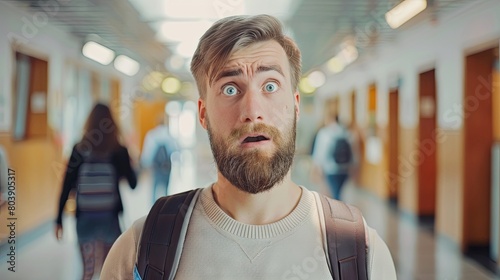 Portrait of a surprised young man in a school hallway