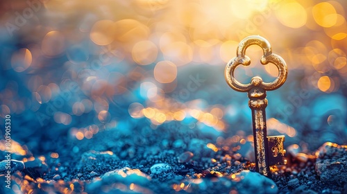 Vintage key standing among shimmering pebbles at golden hour photo