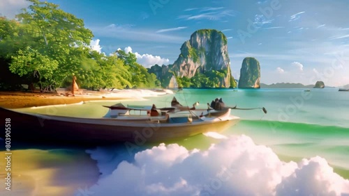 video Tropical beach with traditional long tail boats in Kho Poda, Krabi, Thailand photo