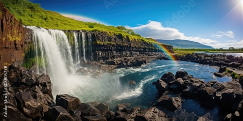 Majestic waterfall with vibrant rainbow