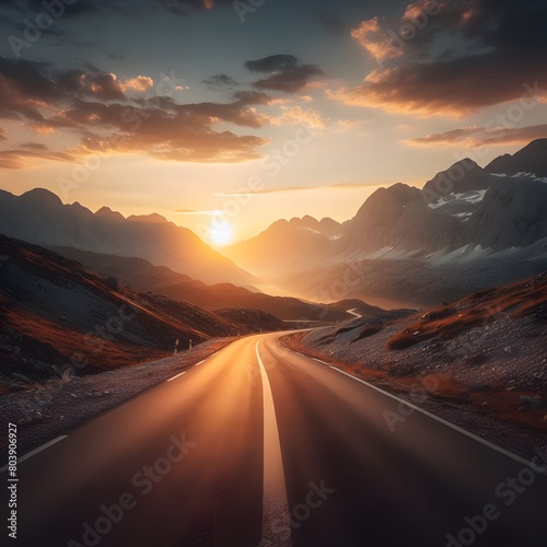 sunrise in the mountain. sunset in the mountains. Empty road in mountain area at sunset.