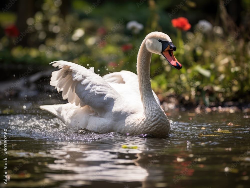Fototapeta premium Graceful swan swimming in a colorful pond