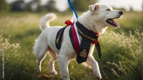 A calm white dog wearing a graduation sash and toting a bunch of flowers is seen strolling across a verdant field, signifying their ascent to achievement. photo