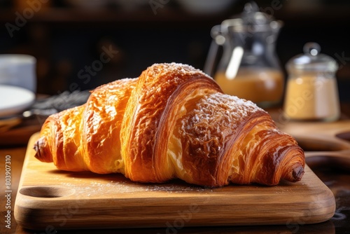 Freshly baked croissant on wooden board