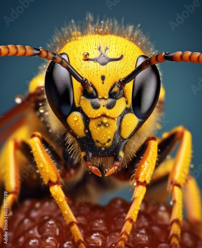 Extreme close-up of a vibrant yellow and black wasp