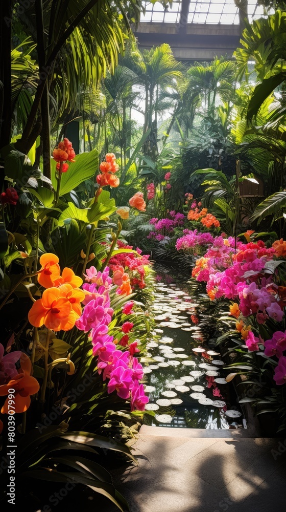 Vibrant tropical greenhouse garden with colorful flowers and lush foliage Vibrant tropical greenhouse garden with colorful flowers and lush foliage